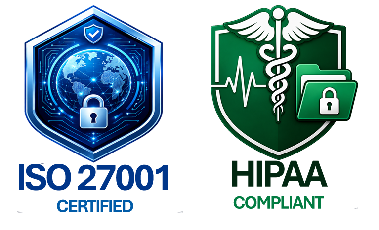 TeleVU ISO 27001 certified and HIPAA compliant security badges confirming enterprise-grade data protection for remote patient monitoring