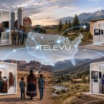 TeleVU network connects rural US health clinics; four white modular exam pods set in farm and desert landscapes with patients and clinicians.