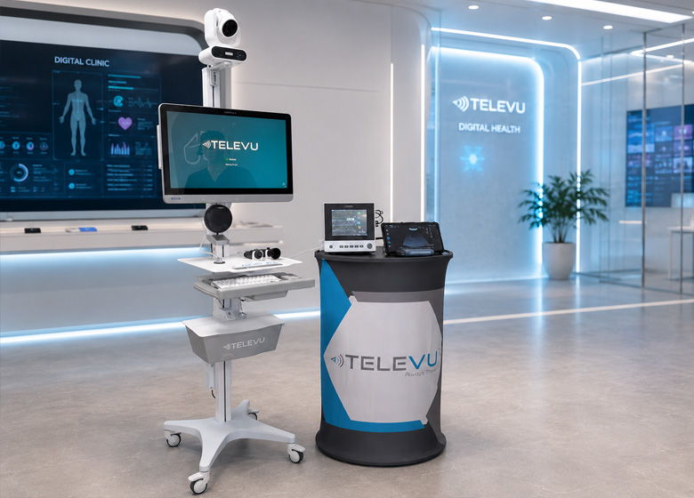 TeleVU smart health pod with integrated telehealth cart and diagnostic devices for remote patient examination and virtual care delivery