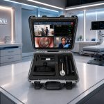 TeleVU portable telemedicine kit with integrated diagnostic devices and live video consultation screen for remote clinical assessment in any setting